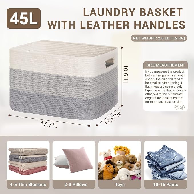 45L Small Woven Laundry Basket Hamper - Image 2