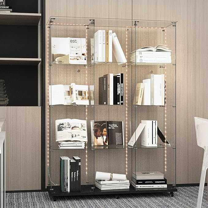 Yoluckea 4 Tiers Glass Display Cabinet Extra Large with Bluetooth LED Light Strip, 2 Doors Floor Standing Curio Cabinet with Universal Wheel for Home, Black Glass Bookshelf for Collections, Clear Top