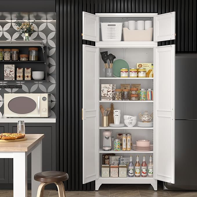Steeloong90“ Kitchen Pantry Cabinet,Metal Storage Cabinets with Doors and 4 Adjustable Shelves,White Kitchen Cabinet with 2 Gold Handles,Tall Cabinet for Livingroom,Pantry, Bathroom