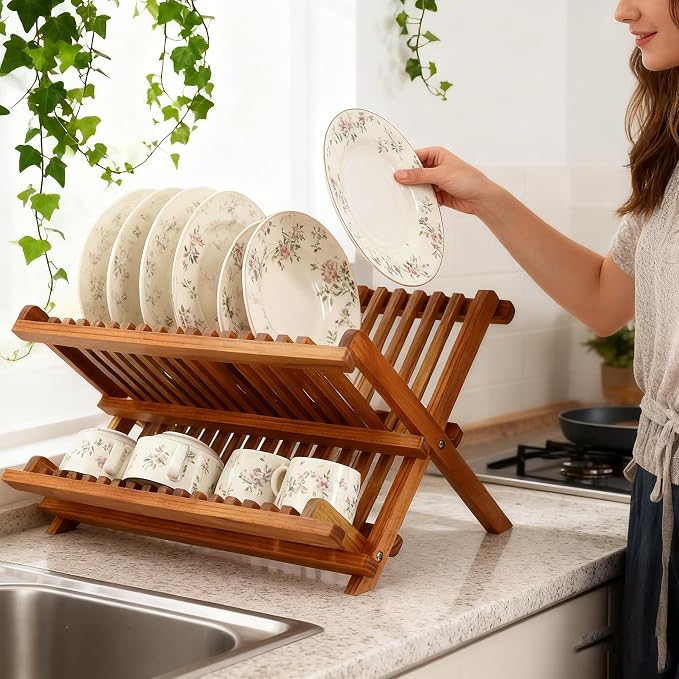 Utoplike Teak Wood Dish Drying Rack, Foldable Plate Organizer Countertop | - Image 2