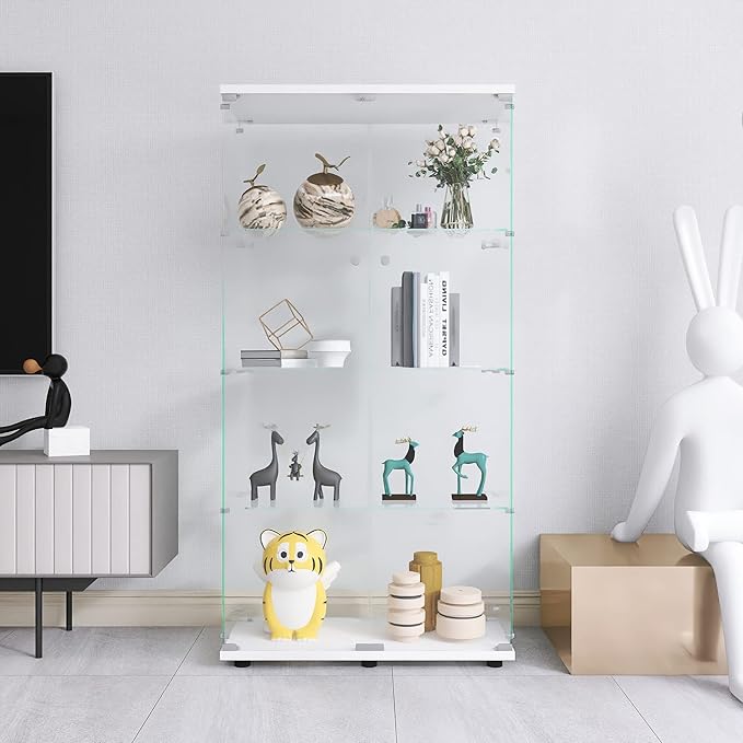 64.5" H 4-Shelf Glass Display Cabinet with Double Door,Modern Curio Cabinet Collection Display Case,Floor Standing Bookshelf Glass Display Case with Lock for Living Room Bedroom (White)