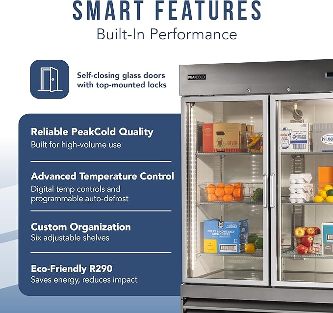 PEAKCOLD Double Glass Door Commercial Refrigerator - 47 Cubic Ft, 54" Wide Stainless Steel Reach-In Commercial Refrigerator with White Internal Lighting - Freestanding Industrial Fridge