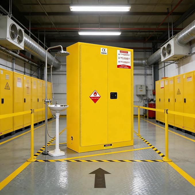 272 Gal Flammable Storage Cabinet with 3-Point Locking System and 2-Inch Leak-Proof Sump, Yellow Floor Mounted Metal Cabinet for Flammable Liquids and Hazardous Material Storage in Lab Yellow
