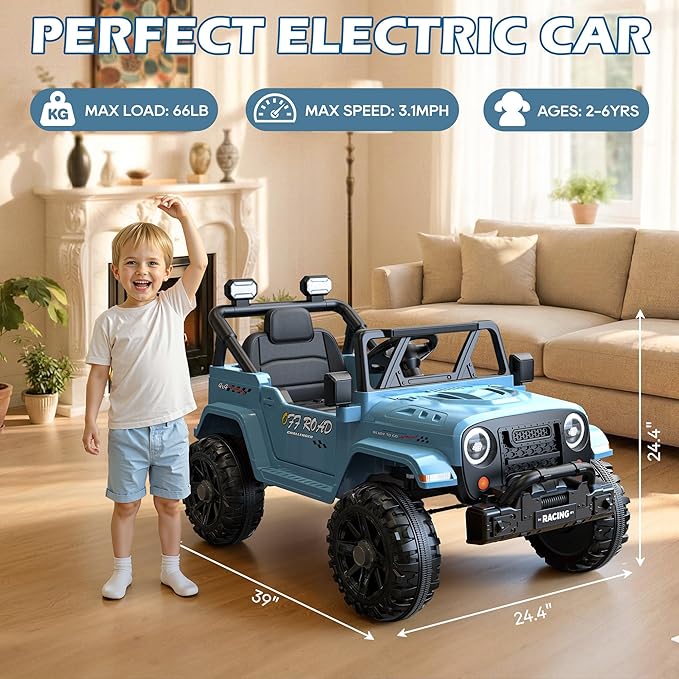 12V Ride On Truck Car with Remote Control, Kids Electric Vehicles with Bluetooth Music, Horn, 3 Speeds, 4 LED Lights, Soft Start, Ride on Toys for Toddler Boys & Girls (Blue)