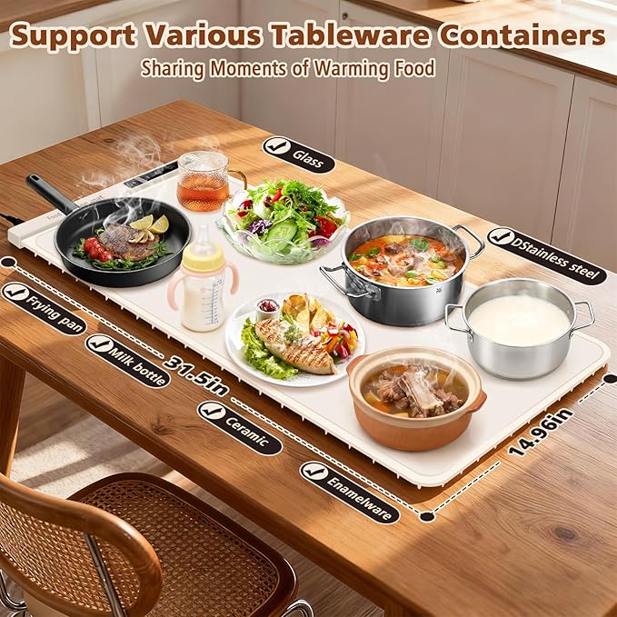 Extra Large Food Warming Mat with Heat - Electric Silicone Food Warming Tray for Buffet, Rollable Food Warmer Mat for Countertop,Heating Mat with Timer and 7 Heat Levels, Rollable Portable Food Warmer