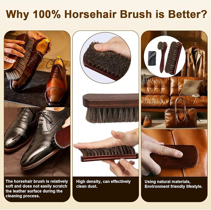 3-Piece 100% Horse Hair Shoe Brush Kit - Image 2