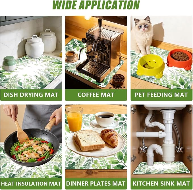 3 Pcs 2 Size Kitchen Sink Splash Guard Faucet Mat Watercolor Leaves Pattern - Image 7