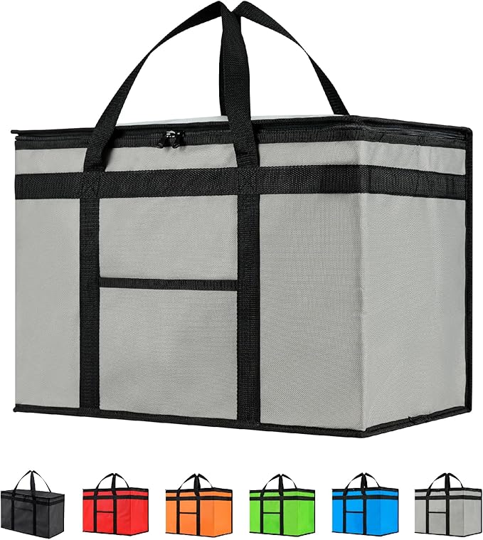NZ home Insulated Bags for Food Delivery (2XL) Grocery Shopping Cooler Bag, Pizza Delivery, Hot & Cold Catering Tote, Reusable, Foldable & Heavy Duty (Gray)