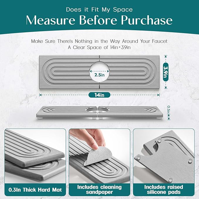 Diatomite Kitchen Faucet Mat - 14Inch Water Absorbing Stone Tray for Sink, Stone Fast-Drying Faucet Mat for Kitchen Counter Sink Accessories (Grey, 14'' x 3.9'')