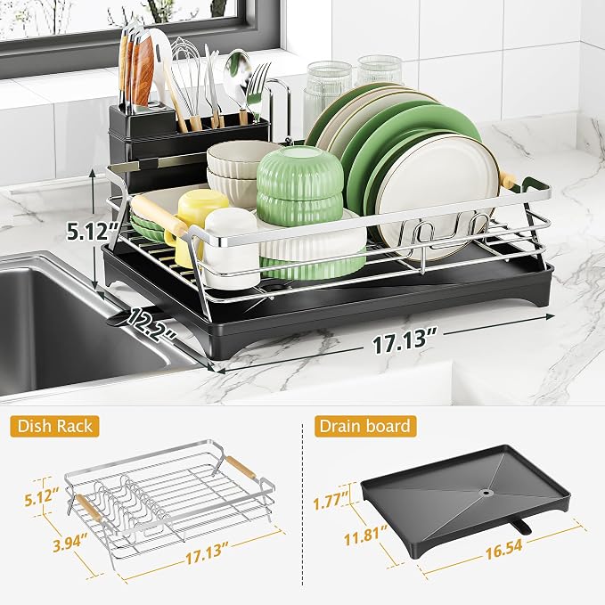 Epicano Dish Drying Rack for Kitchen Counter, Large Capacity, Wooden Handle - Image 5