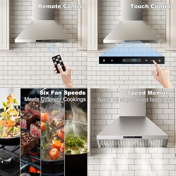 30inch Wall Mounted Range Hood with 1000CFM, Powerful DC Motor with 6 Speeds, Remote Control, Stainless Steel Permanant Filters
