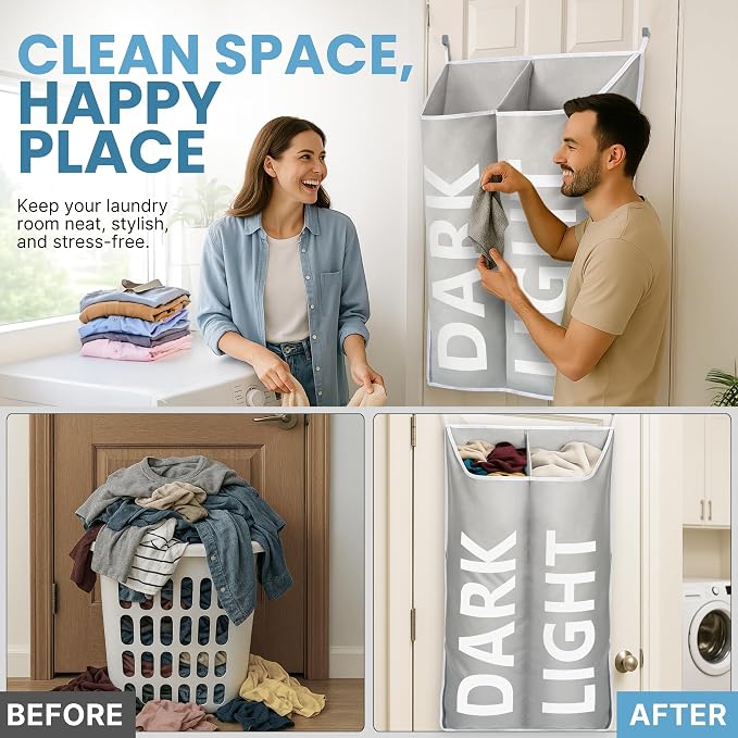 Hanging Laundry Hamper Bag XL 40x22", Space Saving over the Door Storage Bags - Image 4