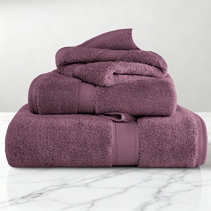 SUPERIOR Egyptian Cotton Ultra Plush & Absorbent, 3 Piece Set, Plum | Quick Dry - Image 2