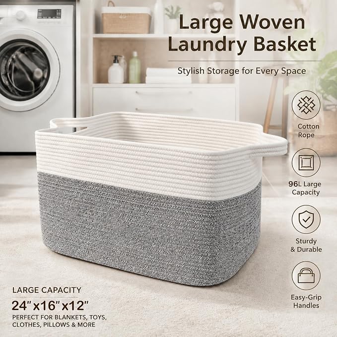 96L Laundry Basket with Handles, Extra Blanket Basket - Image 5