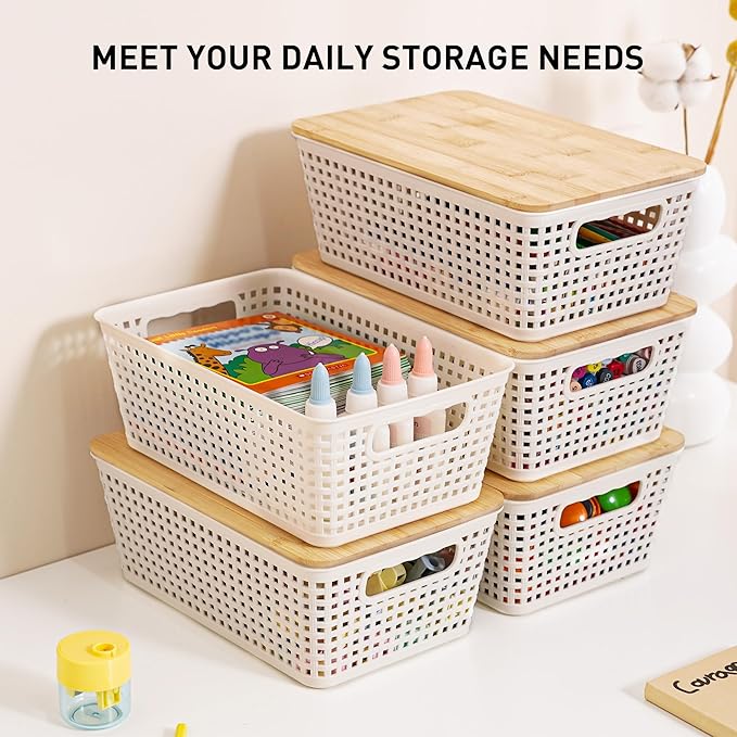 Small Storage Bins with Lids 6 Packs, Plastic Storage Basket with Bamboo Lid - Image 3