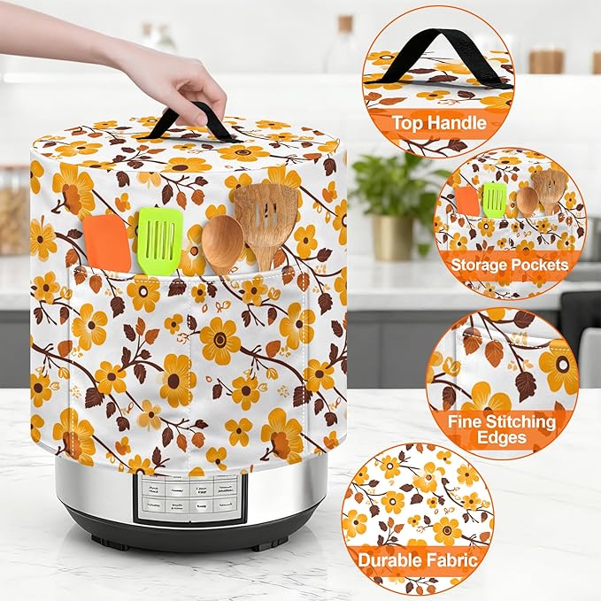 Kitchen Appliance Accessories Dust Cover for 3-6-8 Quart Instant Pot, Pressure Cooker, Air Fryer & Crock Pot,Decorative Appliance Cloth Cover with Top Handle & Storage Pockets (Orange, 6 Quart)