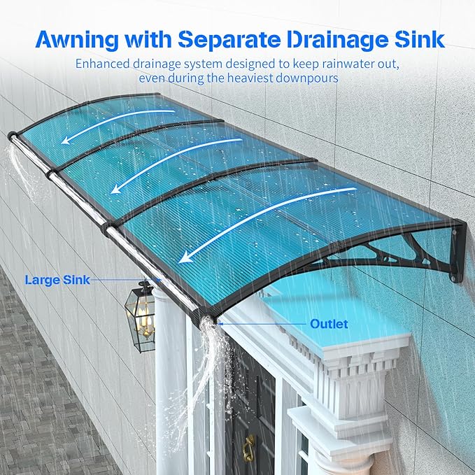 Awning for Door Entrance with Drainage Sink,32x60 Inch Awnings for Doors,Window Canopy Exterior with Plastic Steel Bracket,Polycarbonate Cover,UV,Rain,Snow Protection for House,Porch,Patio,Deck