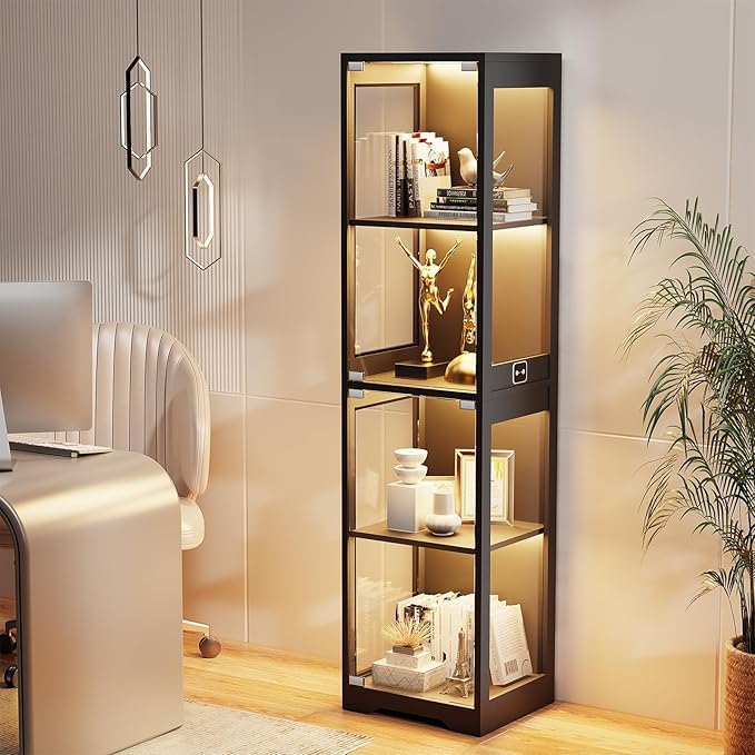 Glass Display Cabinet, 4-Tier Curio Cabinets with 3 Color Lights for Collectibles, Storage Cabinet with Door, Glass Display Case & Bookcase with Human Body Sensor, Black
