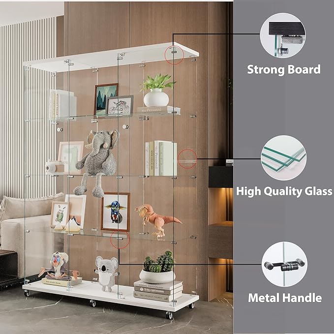 66.5" H 4-Shelf Extra Large Glass Display Cabinet with Double Doors,Modern Floor Standing Curio Cabinet Bookshelf Collection Display Case with Lockable Casters & Lock for Living Room (White)