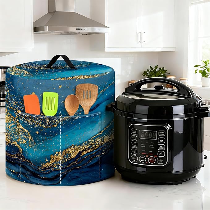 Kitchen Appliance Accessories Dust Cover for 3-6-8 Quart Instant Pot, Pressure Cooker, Air Fryer & Crock Pot,Decorative Appliance Cloth Cover with Top Handle & Storage Pockets (Deep Blue, 8 Quart)