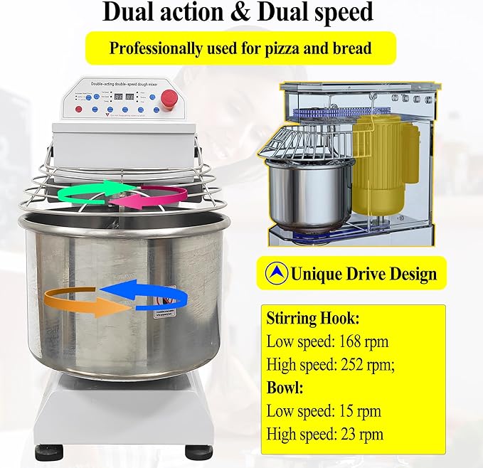 TECHTONGDA Commercial Dough Mixer Mixing Machine, 30QT Dough Kneading Machine with Timing Function, Spiral Stand Mixing Machine, Double Acting Double Speed, Baking Equipment for Restaurant Pizzeria