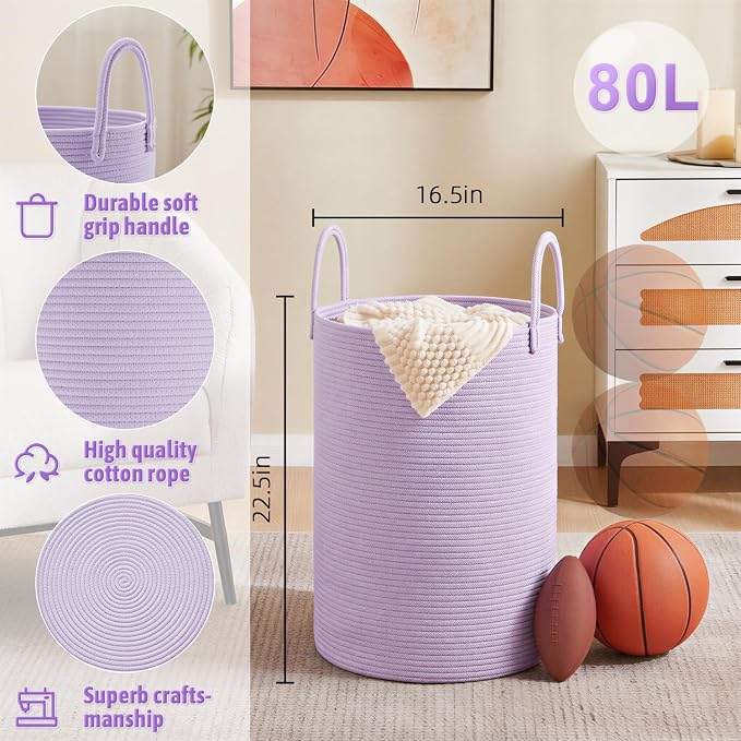Artfeel Laundry Basket, Woven Cotton Rope Laundry Hamper, 80L - Image 6