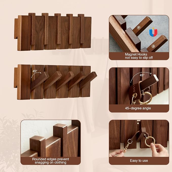 Coat Rack Wall Mount, Walnut 5 Flip-Down Picket Hanger Hooks - Image 4