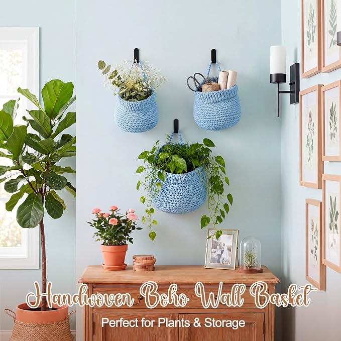 Honeydak 3 Hanging Baskets, Light Blue, Cotton Rope - Image 4