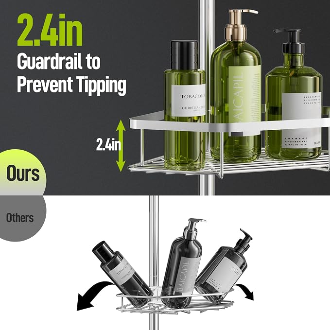 LAMU Corner Shower Caddy Tension Pole, 4-Tier Stainless Steel Organizer - Image 6