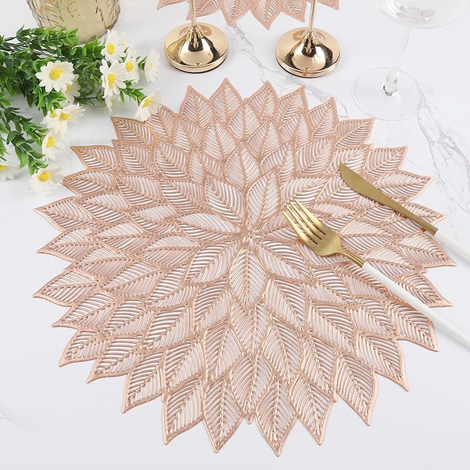 Placemats Set of 6, Round Hollow Out Flowers Place Mats for Dining Table Pressed Vinyl Blooming Leaf Table Mats for Holiday Party Wedding Accent Centerpiece Dinner Table Decoration (Rose Gold)