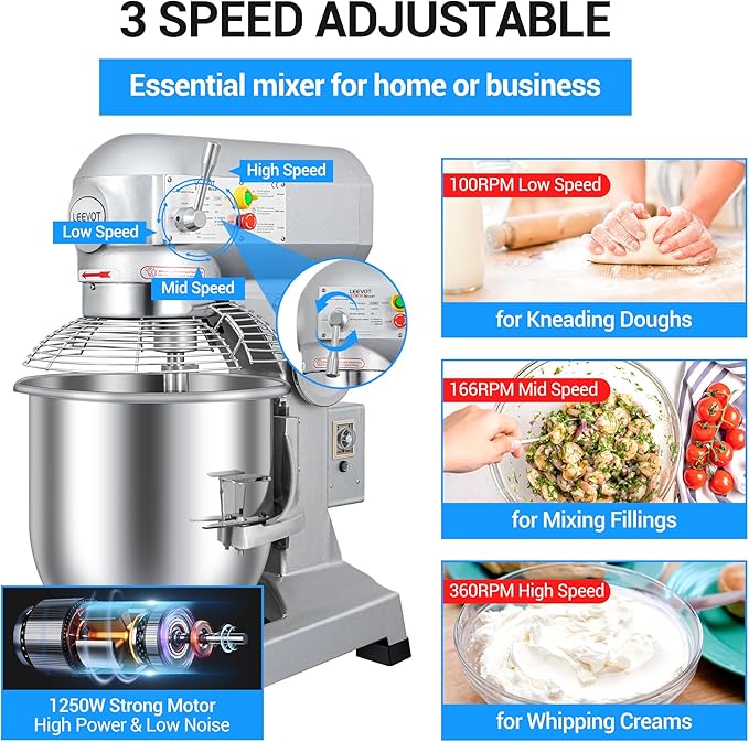 30Qt 1250W Commercial Food Mixer, Commercial mixer 3-Speed Adjustable Heavy Duty Stand Mixer with Stainless Steel Bowl for Bakery Pizzeria.