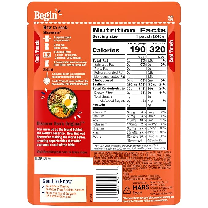 Ben’s Original Ready Rice Chili Garlic Flavored Rice, Easy Dinner Side, 8.5 oz Pouch (Pack of 12)