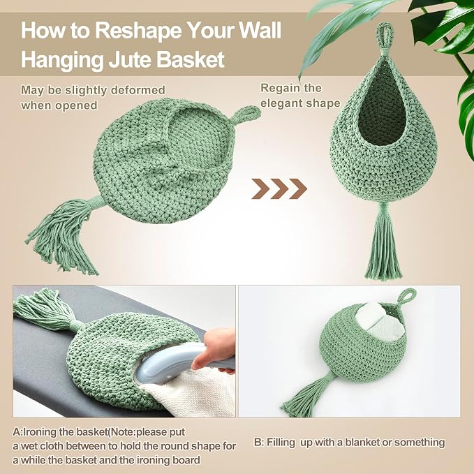 Honeydak 3 Hanging Baskets, Sage Green, Cotton Rope - Image 4
