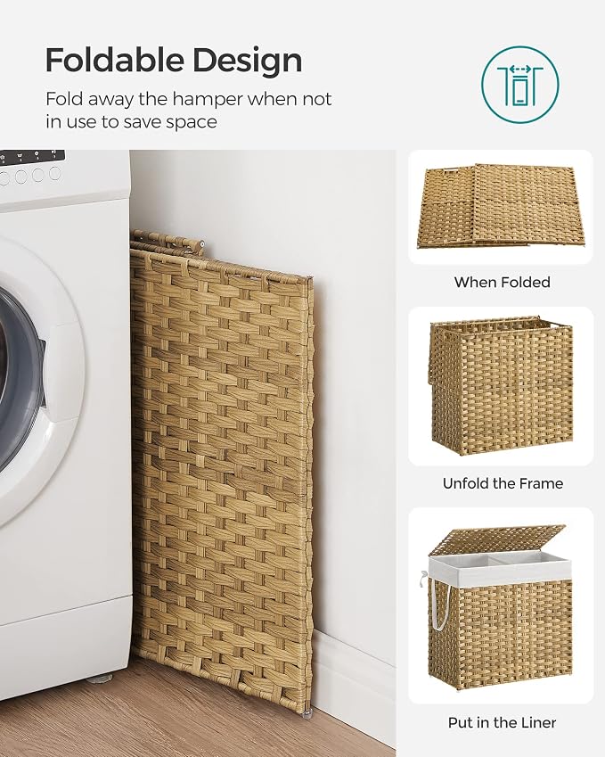 SONGMICS Laundry Hamper with Lid, 130L Double Wicker Basket, 6 Mesh Bags - Image 8