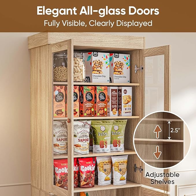 Vyre 71" Tall Farmhouse Kitchen Pantry, Large Storage Cabinets with Glass Doors, Hutch Cabinet with 3 Drawers & Adjustable Shelves for Living Room & Dining Room, Brown