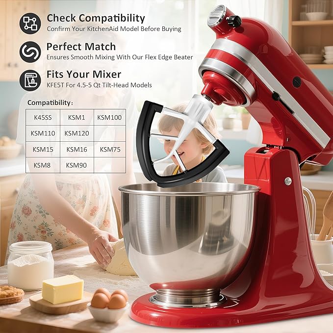 Flex Edge Beater for KitchenAid 4.5/5 Qt Tilt-Head Stand Mixer – Auto-Scrape Silicone Paddle, Dishwasher Safe, Flexible Silicone Edges Bowl Scraper For Kitchen Aid Accessories and Attachments (Black)