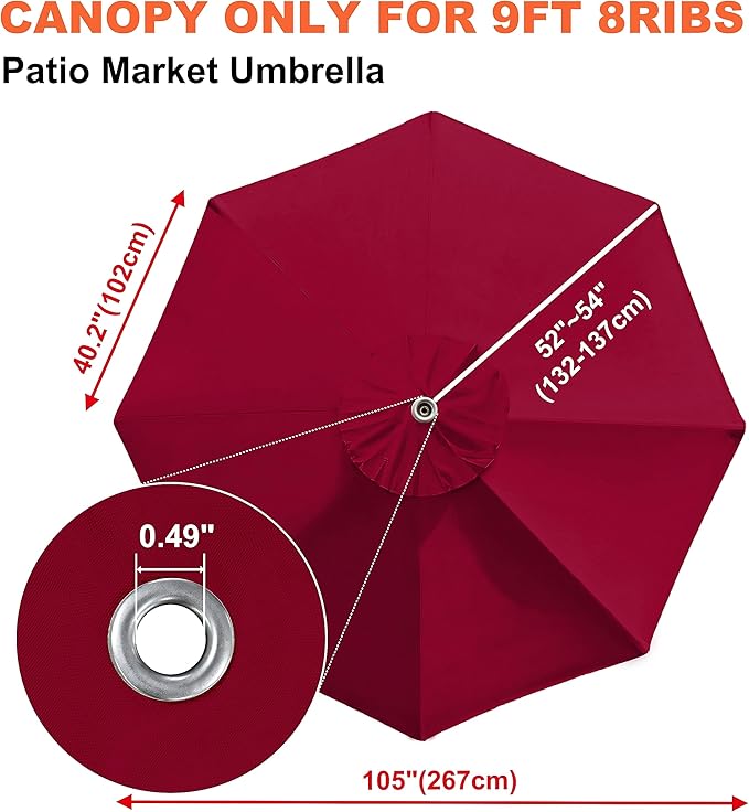 EliteShade USA 9FT Patio Umbrella Replacement Covers 8 Ribs Market Umbrella Canopy Cover (CANOPY ONLY) (Burgundy)