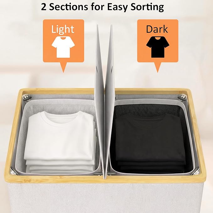 efluky Laundry Hamper with Lid, Double Laundry Basket with 2 Removable Bags - Image 3