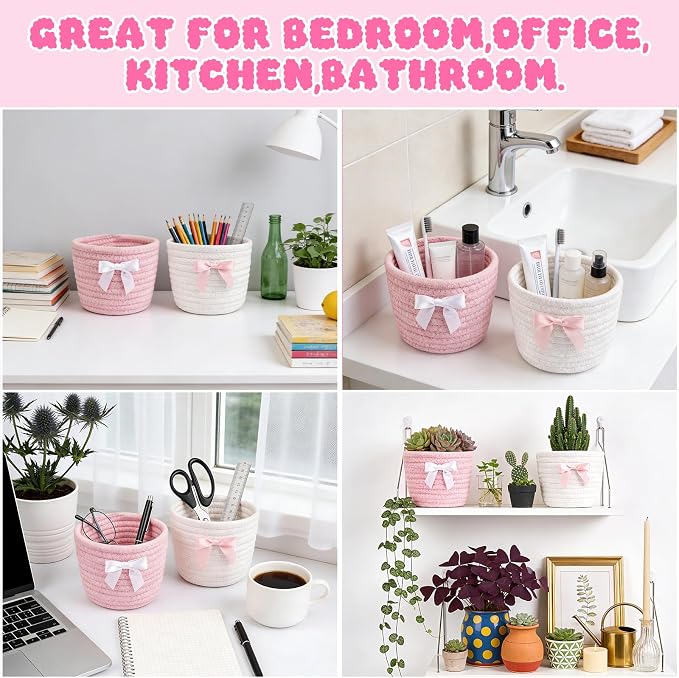 2 Pack Bow Makeup Brush Holder- Mini Woven Cotton Rope Small Oval Basket - Image 5