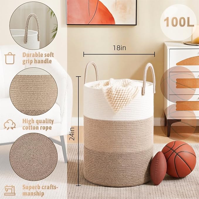 Artfeel Laundry Basket, Woven Cotton Rope Laundry Hamper, 100L - Image 6