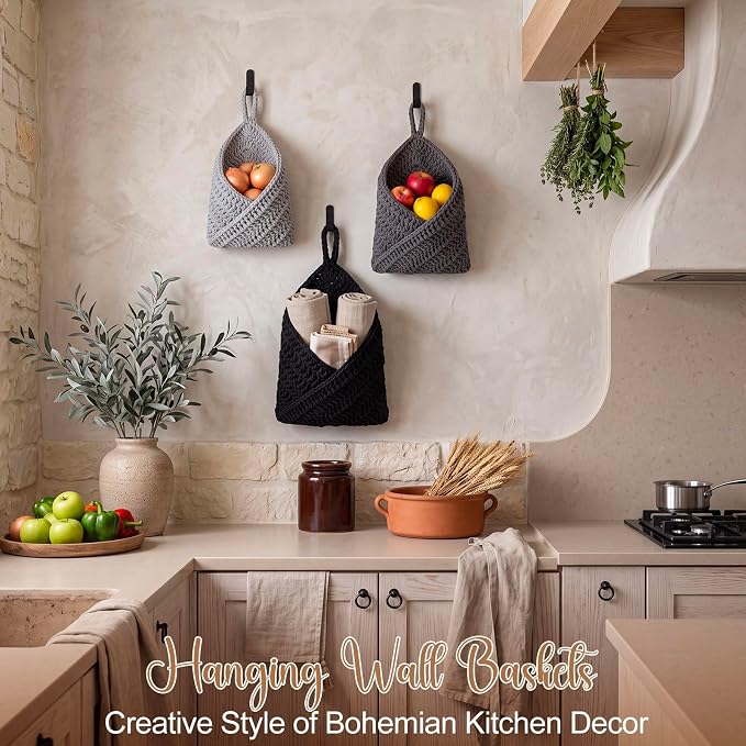 Honeydak 3 Hanging Baskets, Dark Grey, Cotton Rope - Image 6