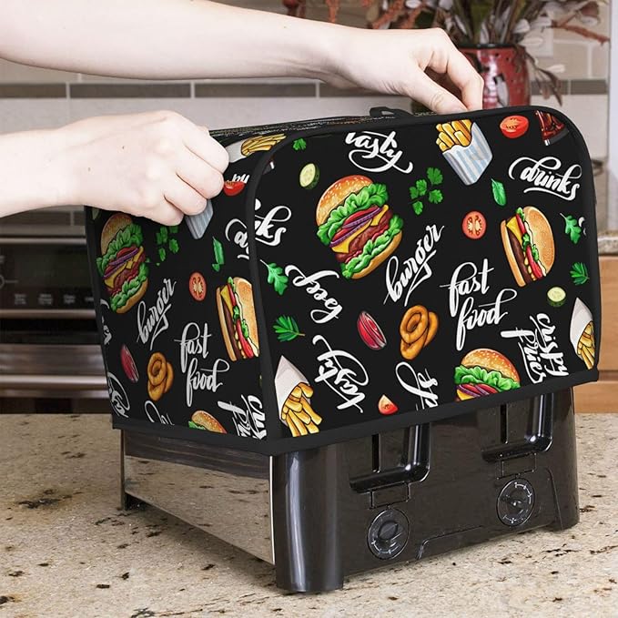 Funny Hamburger Fast Food 2 Slice Toaster Cover, Waterproof Toaster Dust Cover Bread Maker Protective For Small Kitchen Appliance Dining Room Home Table Decor Gifts