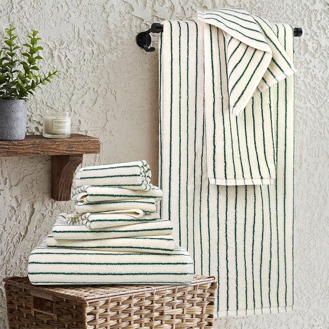 8 Piece Green Towel Set, Super Soft & Absorbent Cotton Striped Towels | - Image 2