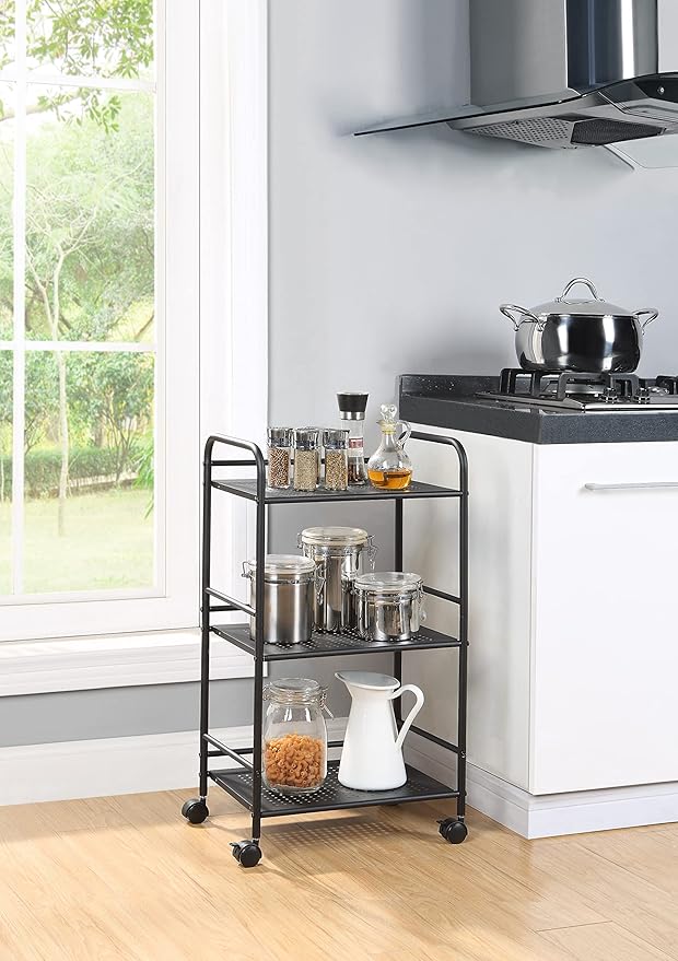 SunnyPoint 3-Tier Rolling Utility Cart – Metal Storage Organizer with Wheels, Mobile Kitchen Cart, Office & Home Organizer, Black, 12" D x 16.92" W x 31.1" H