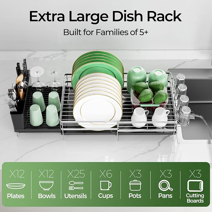 Large Dish Drying Rack, Expandable Dish Rack, Stainless Steel Anti-Rust Dish - Image 3