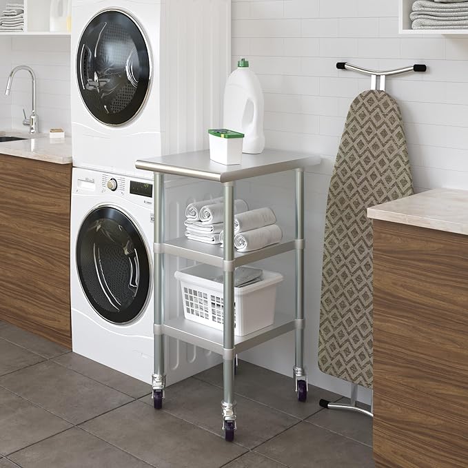 AmGood Stainless Steel Work Table with 2 Shelves and Casters | Metal Utility Table On Wheels (Stainless Steel Work Table with 2 Shelves + Casters, 18" Long x 24" Deep)