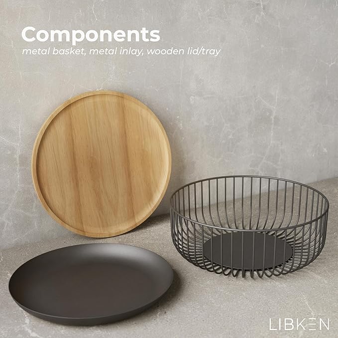 Fruit Basket with Wooden Bamboo Lid - Fruit Bowl For Kitchen Counter - Countertop Bin for Produce Fruits, Potato and Veggie - Metal Wire Baskets For organizing - 11.4"x11.4"x4.5" - Black