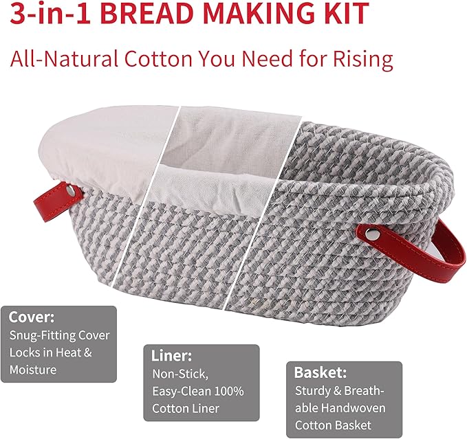 Banneton Bread Proofing Basket - Oval & Round Sourdough Bread Baskets Set - With Liner & Cloth Cover - For Proofing Sourdough Bread & Bread Storage (Grey & Khaki Set) - Cotton Rope