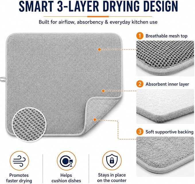 Dish Drying Mat 24 x 17 in, Large Microfiber Drying Mats, Absorbent Quick Dry - Image 7