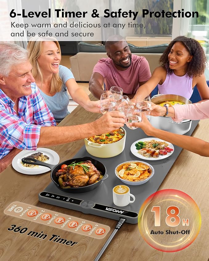 Warming Mat for Food, Fast Heating Electric Food Warmer with 9 Level Temperature and 6 Hours Timer, Extra Large Roll Up Silicone Food Warming Mat, Portable Warming Trays for Buffets Party (Grey)